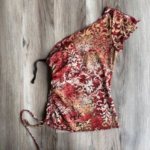 Wet Seal M One Shoulder Ruched Paisley Top Red Tan Y2K Vintage Going Out Top